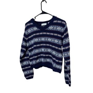 Vintage NUGGETS Women's Fair Isle V Neck Sweater Navy Blue Multi Color Size S
